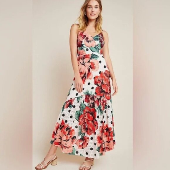 FARM Rio Riviera Floral Eyelet Polka Dot Maxi Dress - Size 0 - Perfect Condition - Picture 1 of 11